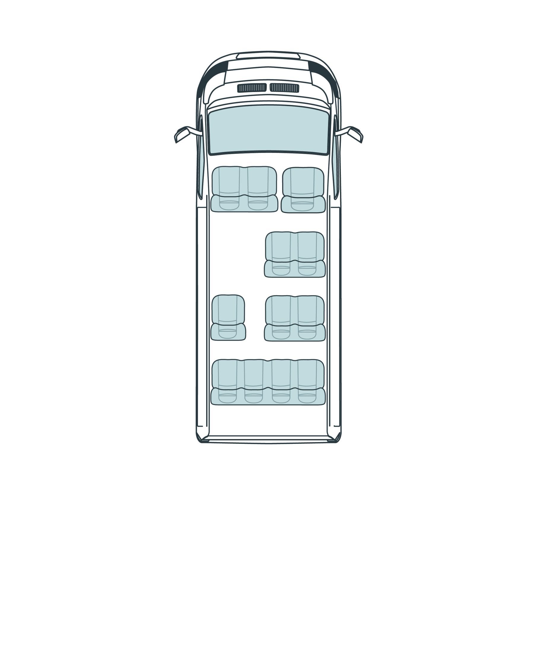 Internal layout of the seats of the Ford Transit 12-seat minibus